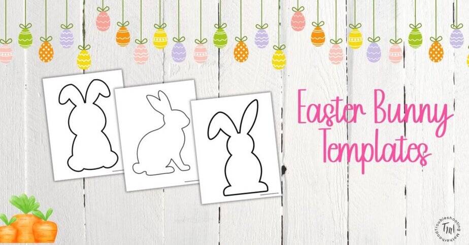 Easter Bunny Outline Templates. Image of 3 templates, plus easter eggs and carrots.