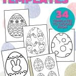 Pinterest graphic showing free printable Easter egg templates with multiple coloring egg designs and text reading 34 templates to choose from.