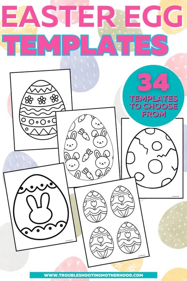 Pinterest graphic showing free printable Easter egg templates with multiple coloring egg designs and text reading 34 templates to choose from.