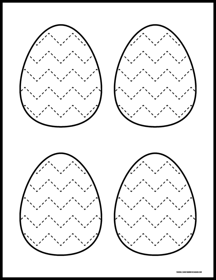 Set of 4 Printable Easter egg template featuring dashed zigzag lines for tracing practice.