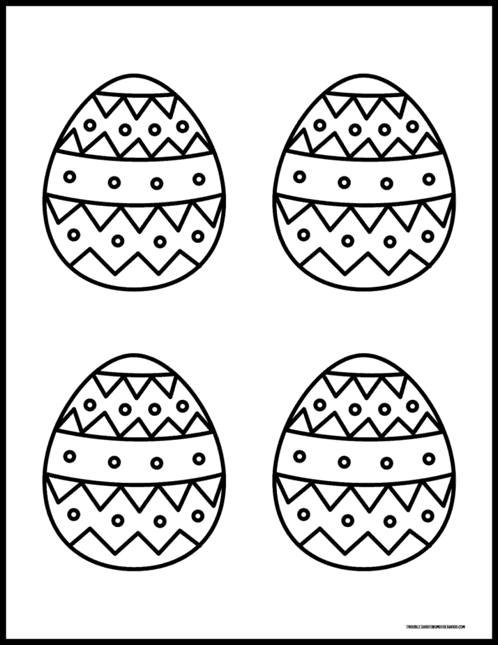 Printable Easter egg coloring pages with mixed geometric pattern designs.