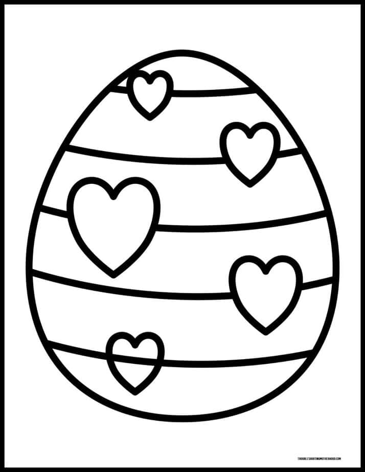 Large printable Easter egg coloring page featuring heart pattern designs.