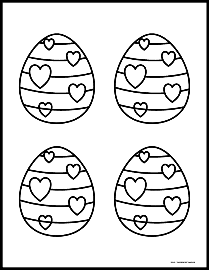 Printable Easter egg coloring page with heart pattern designs.