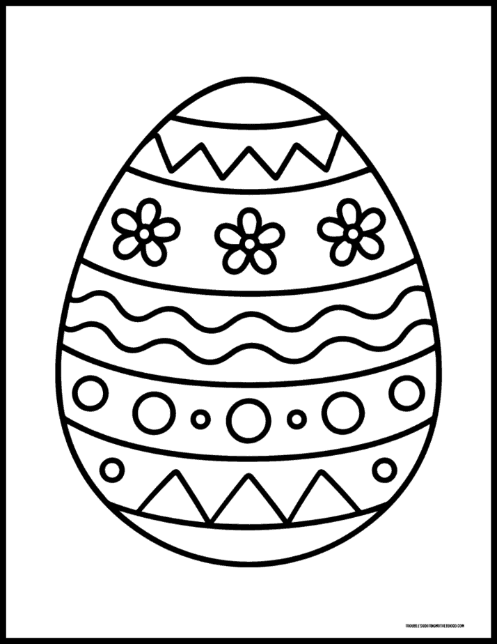 Large printable Easter egg coloring page featuring geometric patterns and daisy flowers.