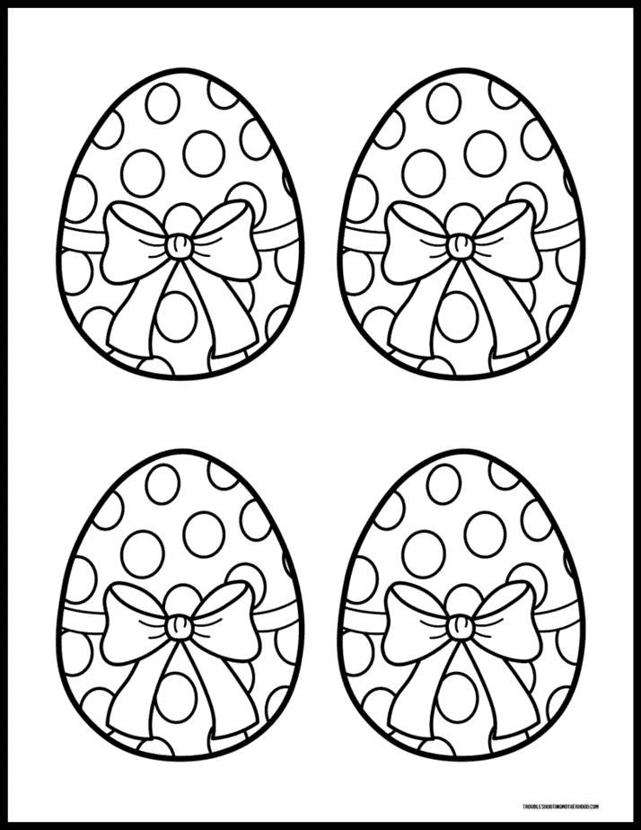 Printable Easter egg coloring page with polka dot pattern and decorative bow design.