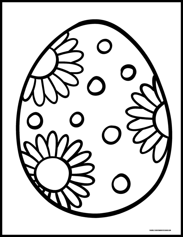 Large printable Easter egg coloring page featuring polka dots and daisy flower designs.