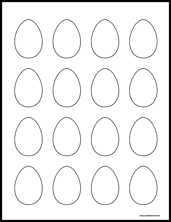 Printable sheet with multiple small Easter egg outline templates for kids crafts and Easter decorations.