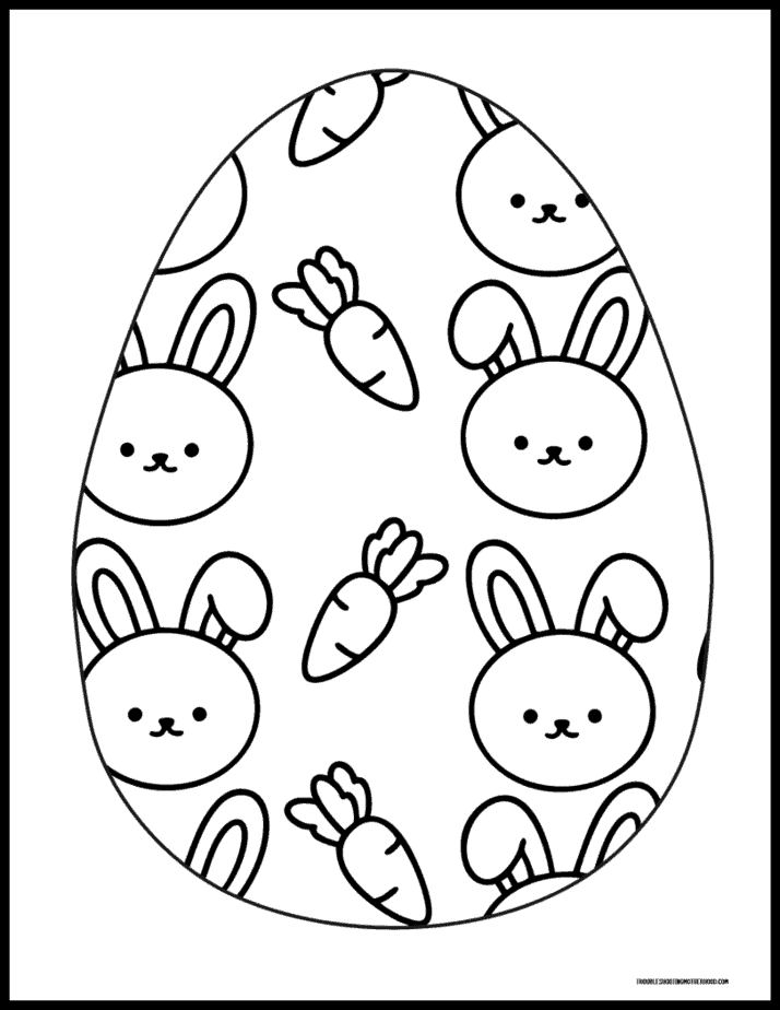 Large printable Easter egg coloring page featuring a bunny and carrot pattern design.