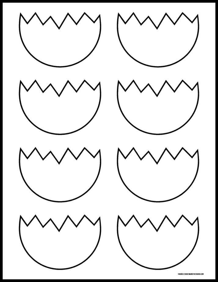 Printable sheet featuring four small cracked Easter egg templates for crafts and decorating.