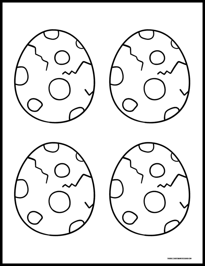 Printable Easter coloring page featuring a dinosaur hatching from a cracked Easter egg.