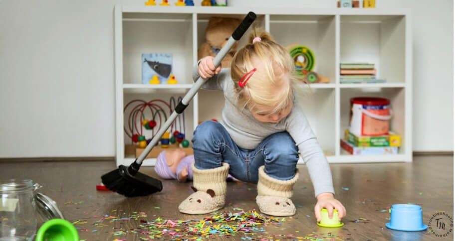 How to clean with a clingy toddler. Image of little girl playing with broom, cleaning up mess.