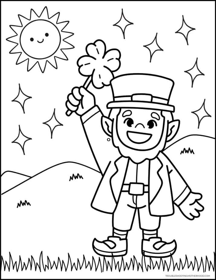 cute leprechaun holding shamrock St Patrick’s Day coloring page printable for kids
