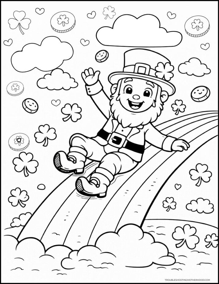leprechaun sliding down rainbow St Patrick’s Day coloring page printable