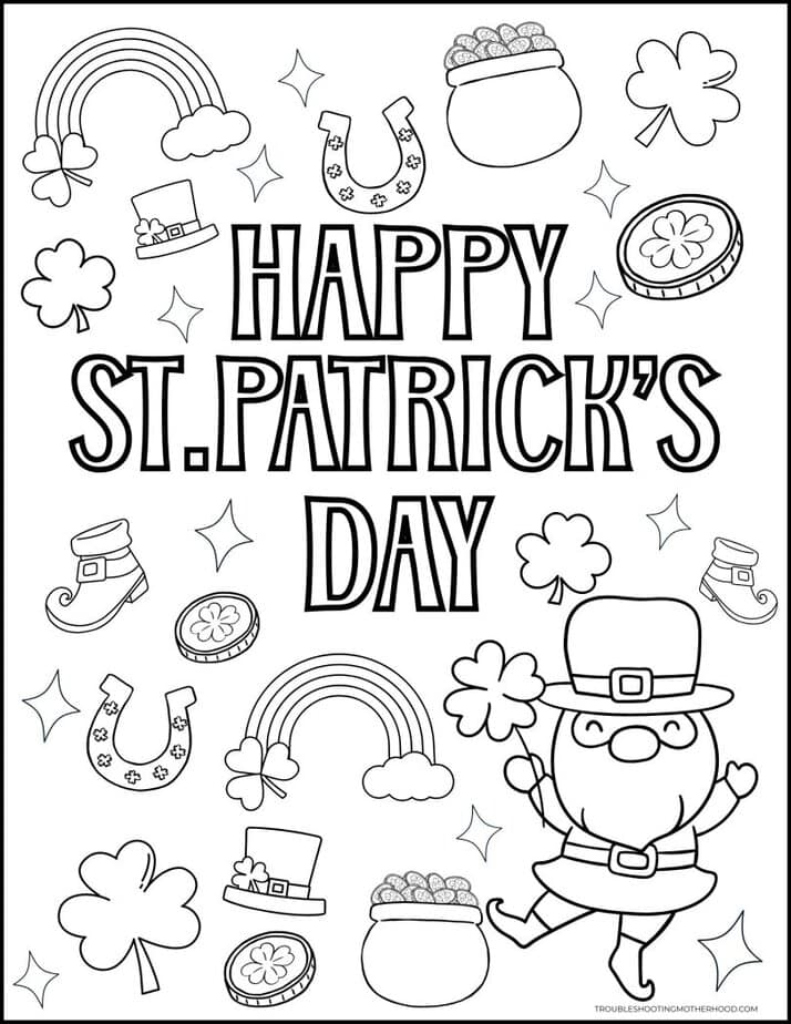 happy st patricks day lettering coloring page with shamrocks rainbow and lucky symbols printable
