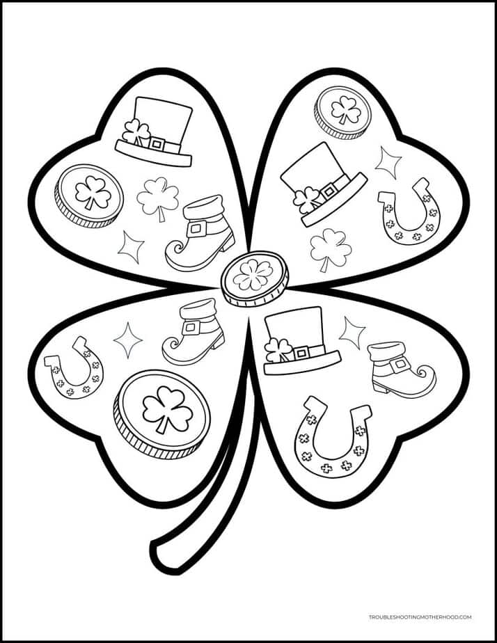large shamrock coloring page with St Patrick’s Day icons printable for kids
