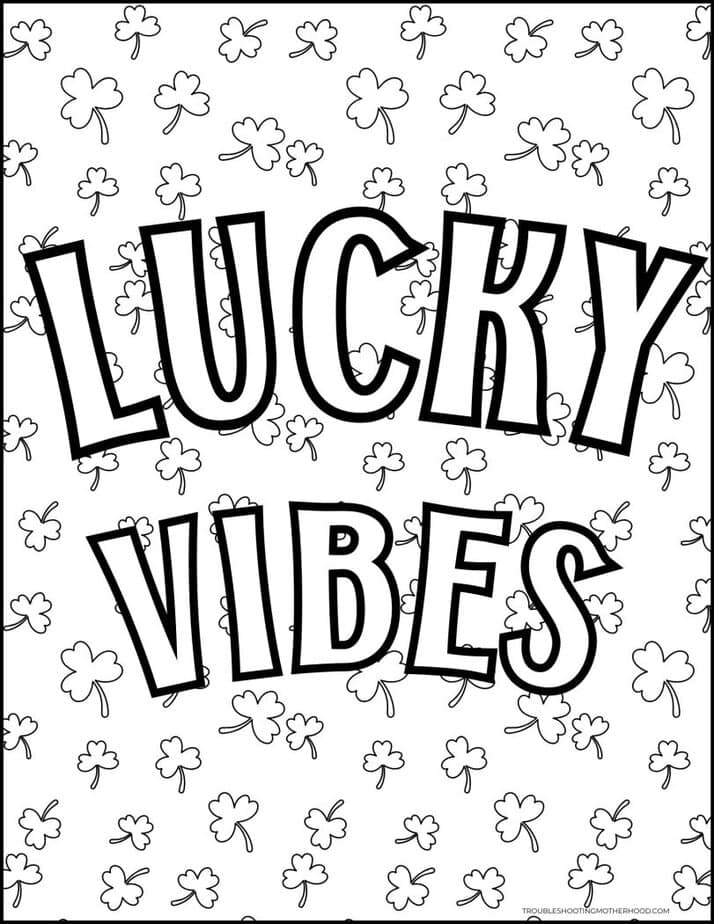lucky vibes St Patrick’s Day word art coloring page with shamrock background printable