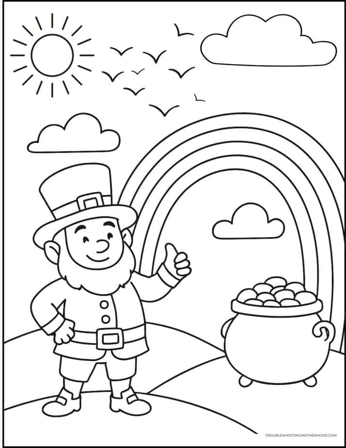 leprechaun with rainbow and pot of gold St Patrick’s Day coloring page printable
