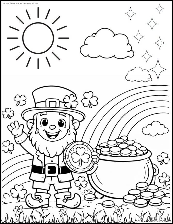 leprechaun holding gold coin next to pot of gold coloring page printable