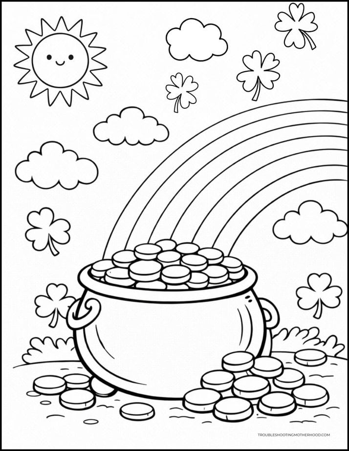 pot of gold under rainbow St Patrick’s Day coloring page printable for kids