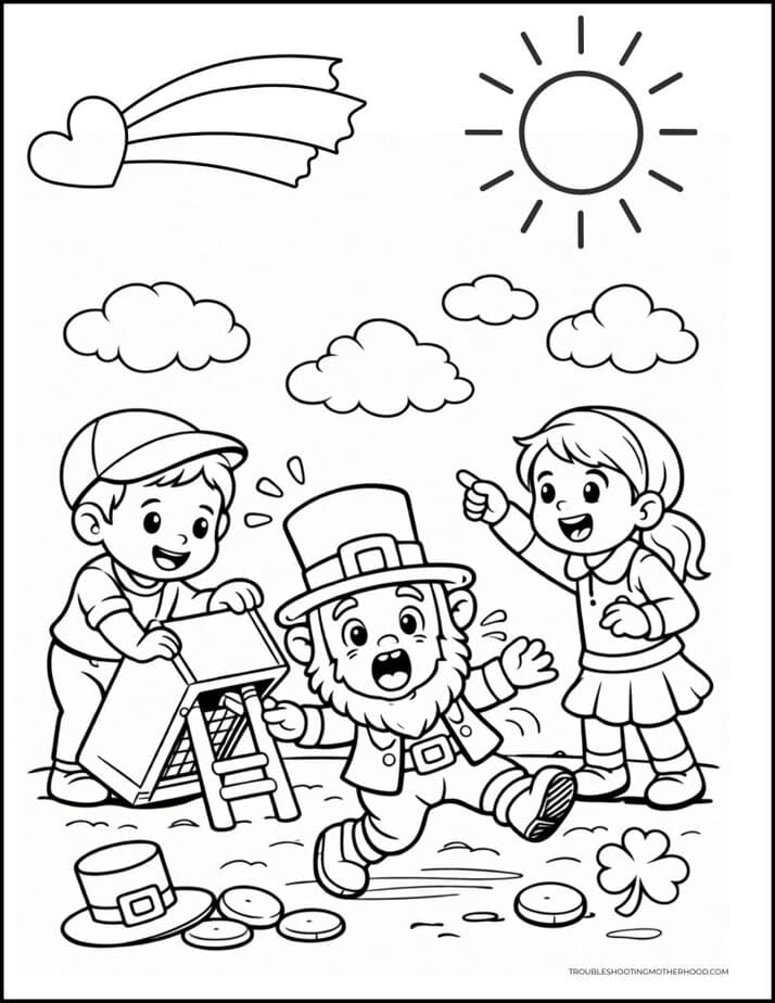 kids catching leprechaun St Patrick’s Day coloring page printable