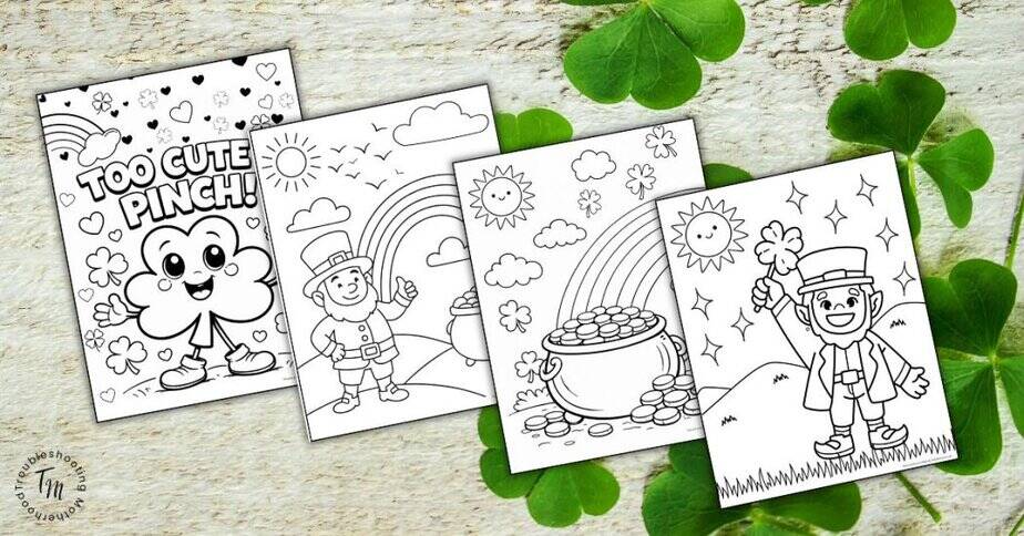 Happy St. Patrick's Day Coloring Pages images of 4 themed coloring pages with 4 leaf clover background.