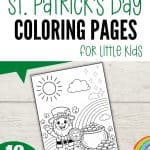 St Patrick’s Day coloring pages for little kids featuring leprechaun rainbow and pot of gold printable