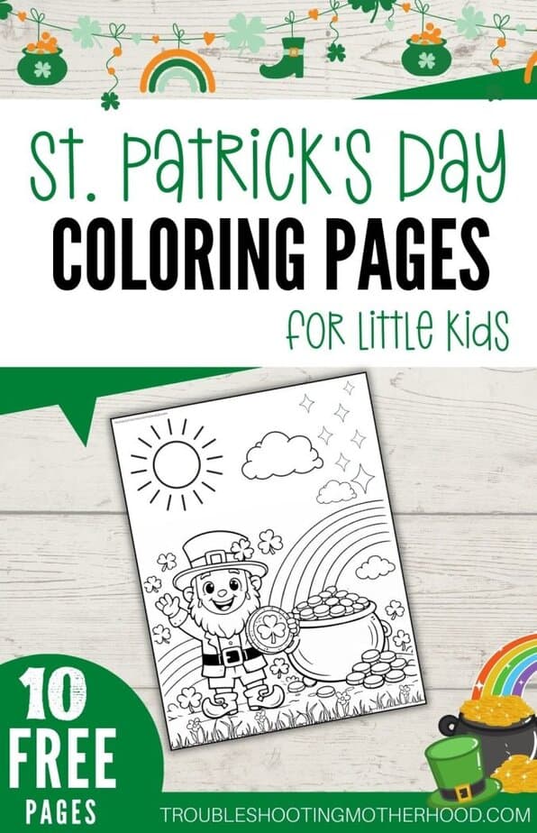 St Patrick’s Day coloring pages for little kids featuring leprechaun rainbow and pot of gold printable