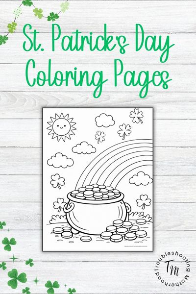 St Patrick’s Day coloring pages printable featuring pot of gold under rainbow for kids holiday activity