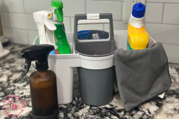 My personal cleaning caddy filled with cleaning supplies. cleaning when kids destroy everything