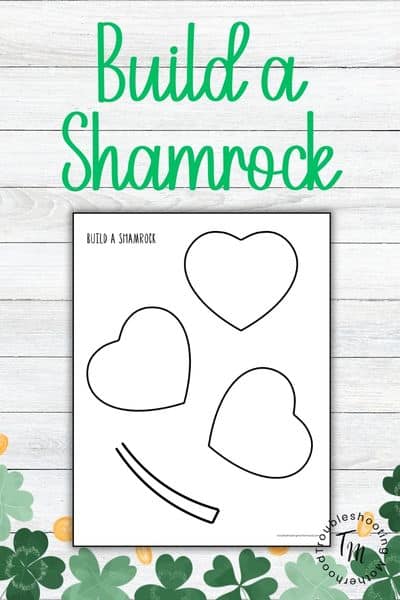 Build a Shamrock printable featuring three shamrock leaves and a stem as separate cut-and-paste pieces for a simple St. Patrick’s Day craft for kids.