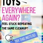 Living room full of toys showing what a messy house with kids looks like, with simple ideas for how to keep house clean with kids at home.