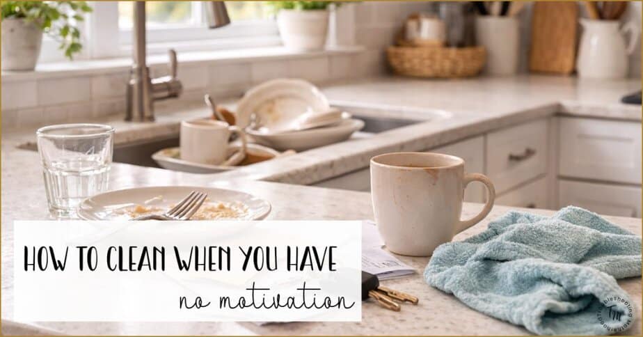 Messy kitchen countertop with dirty dishes, mail, keys, and coffee mug in bright modern farmhouse kitchen